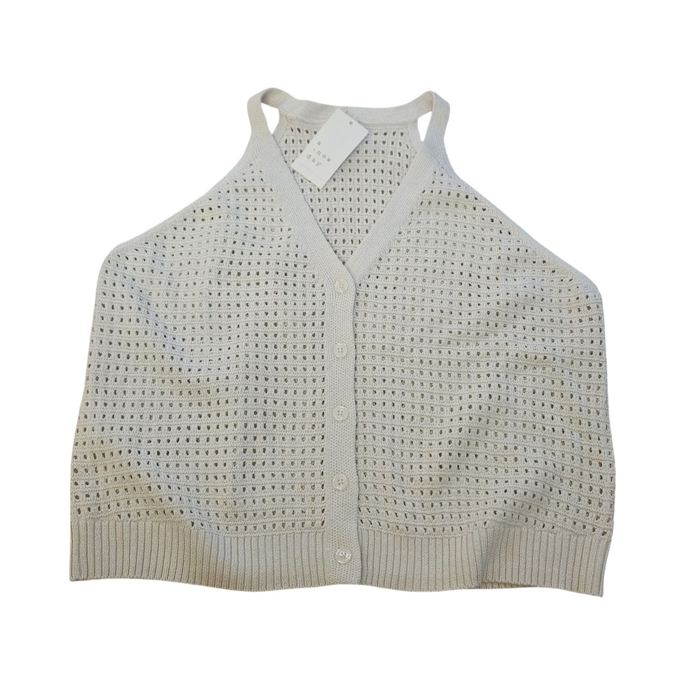 A New Day Womens XL Pointelle Knit Halter Cardigan Cream Button Front NWT